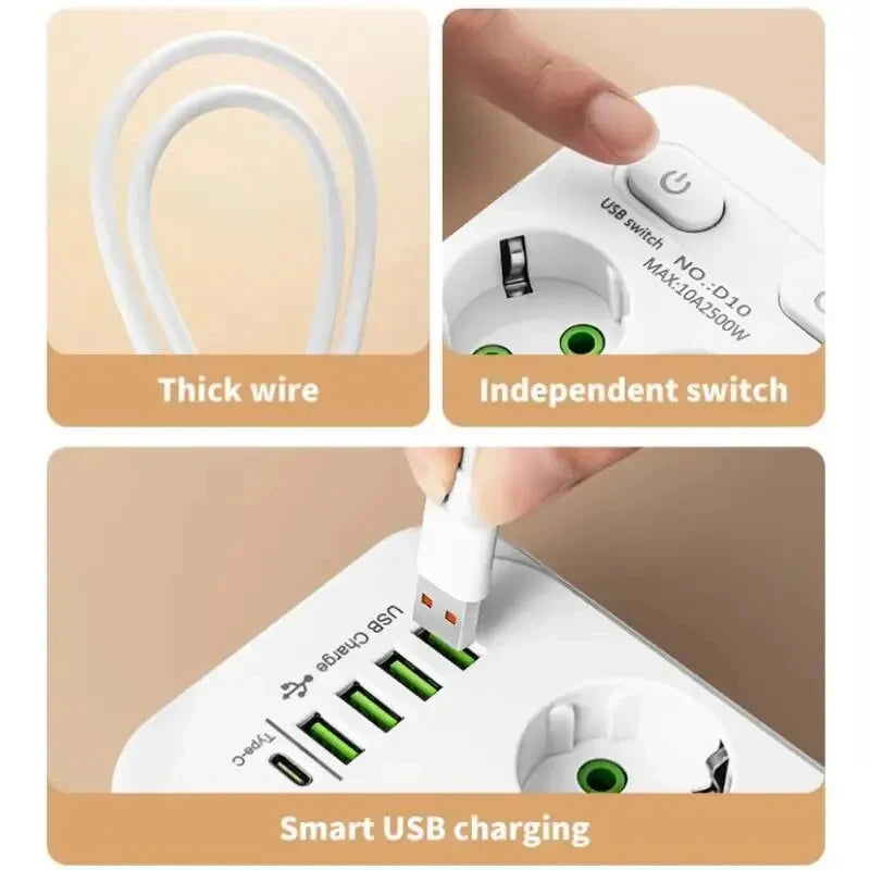 Outlet Multitap Power Strip 2m Extension EU Plug AC