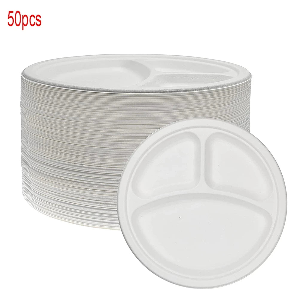 9"/10" 50pcs Disposable sugarcane pulp three grid Compostable Paper Plates