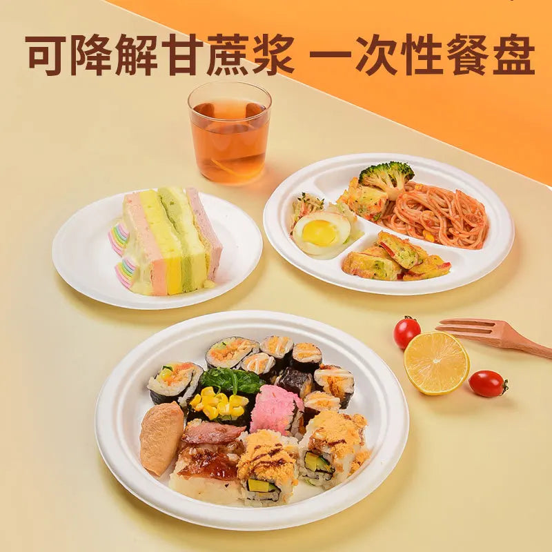 9"/10" 50pcs Disposable sugarcane pulp three grid Compostable Paper Plates