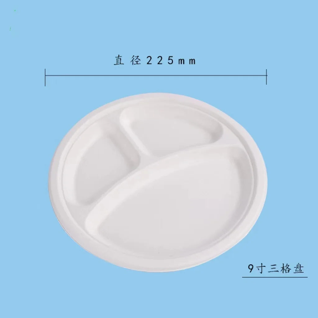 9"/10" 50pcs Disposable sugarcane pulp three grid Compostable Paper Plates