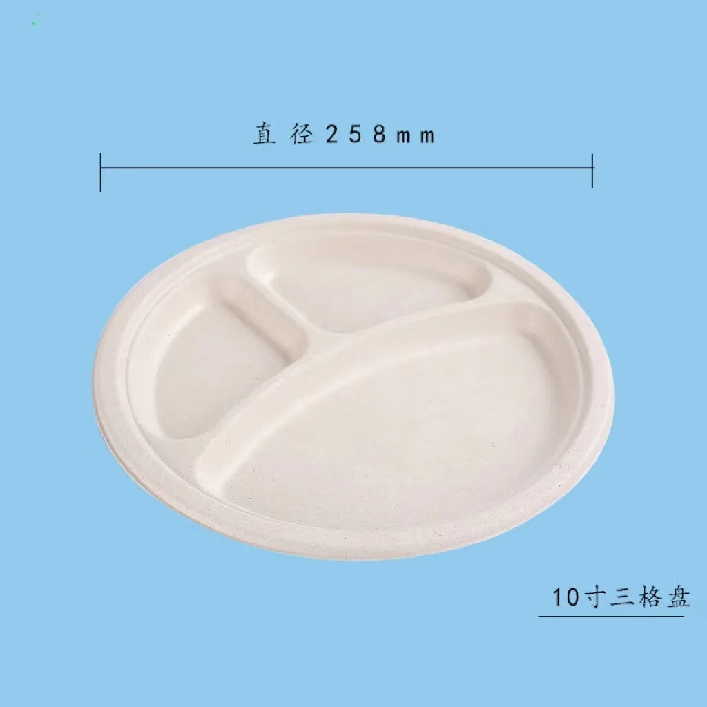 9"/10" 50pcs Disposable sugarcane pulp three grid Compostable Paper Plates