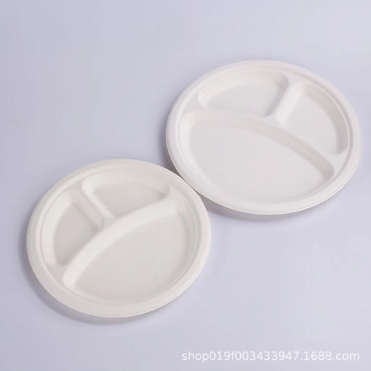 9"/10" 50pcs Disposable sugarcane pulp three grid Compostable Paper Plates